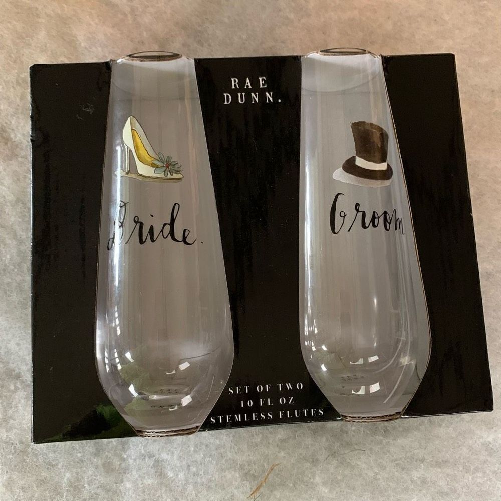 Rae Dunn Bride & Groom Set of Two 10oz Stemless Flute Glasses *New*